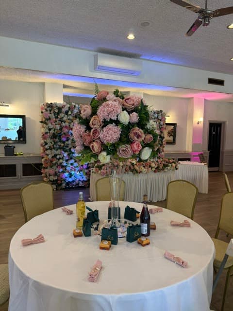 The Banqueting Suite at Chigwell Hall dressed for a wedding reception